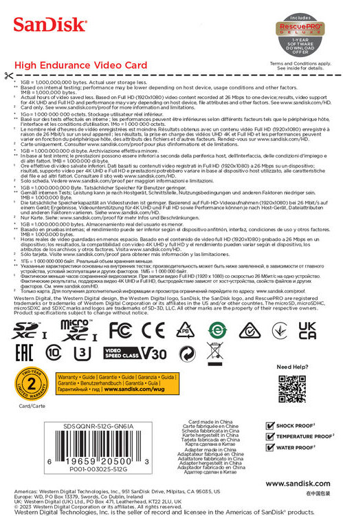 Back of packaging with multi-language specs, certifications, and warranty terms